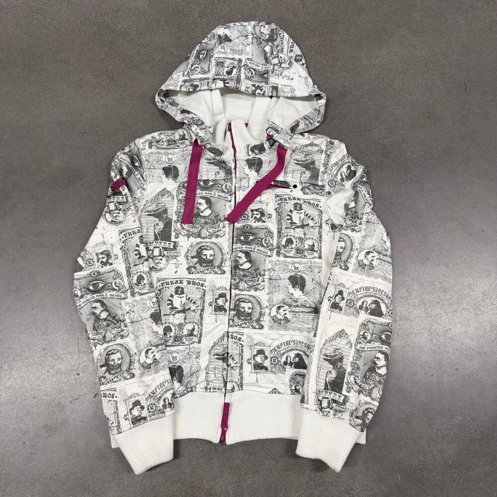 Empyre AOP Zip Hoodie Womens L Y2K Freak Show Carnival Emo Skate Black White